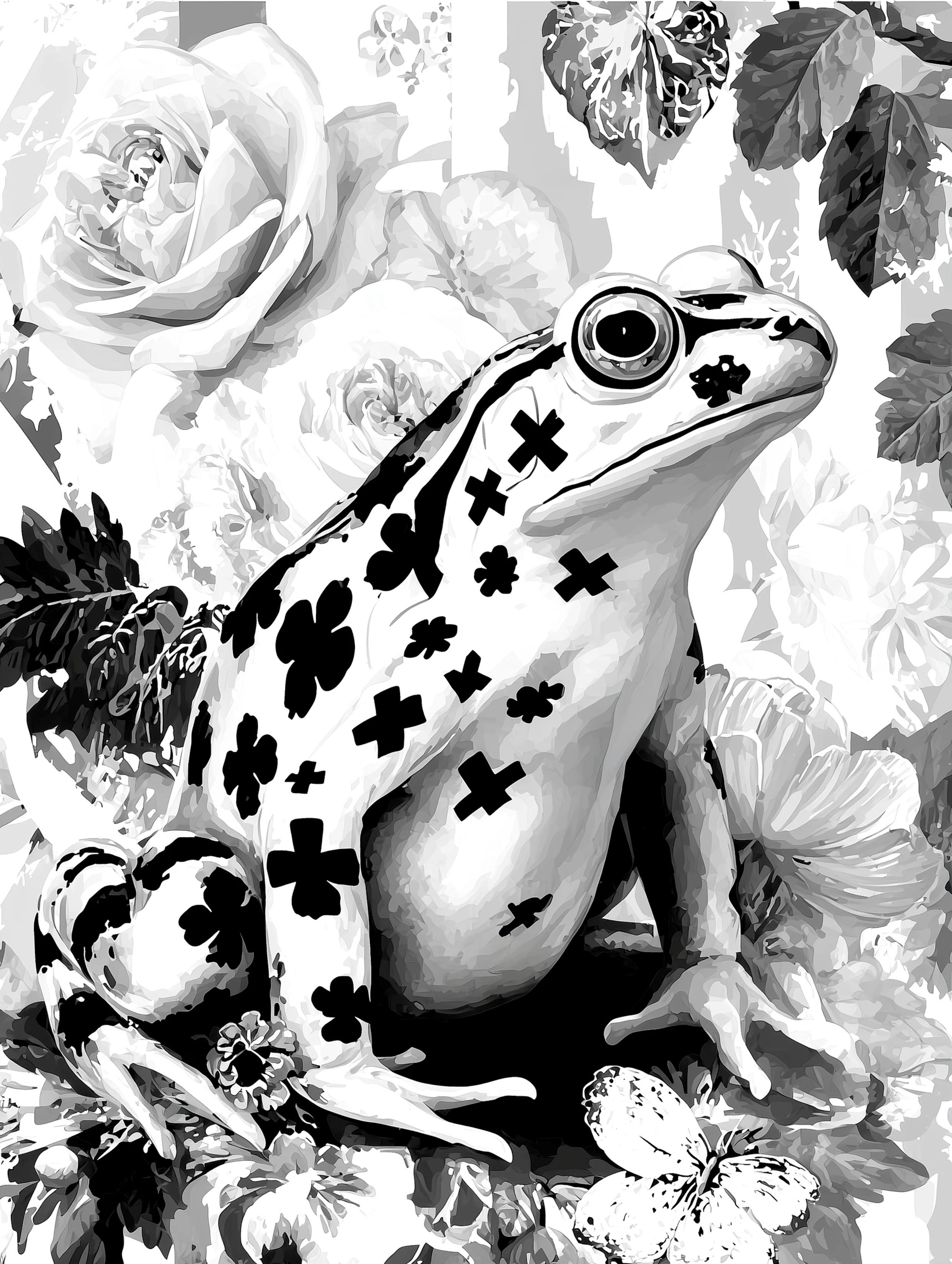 Free printable frog coloring page for adults featuring light frog with x marks